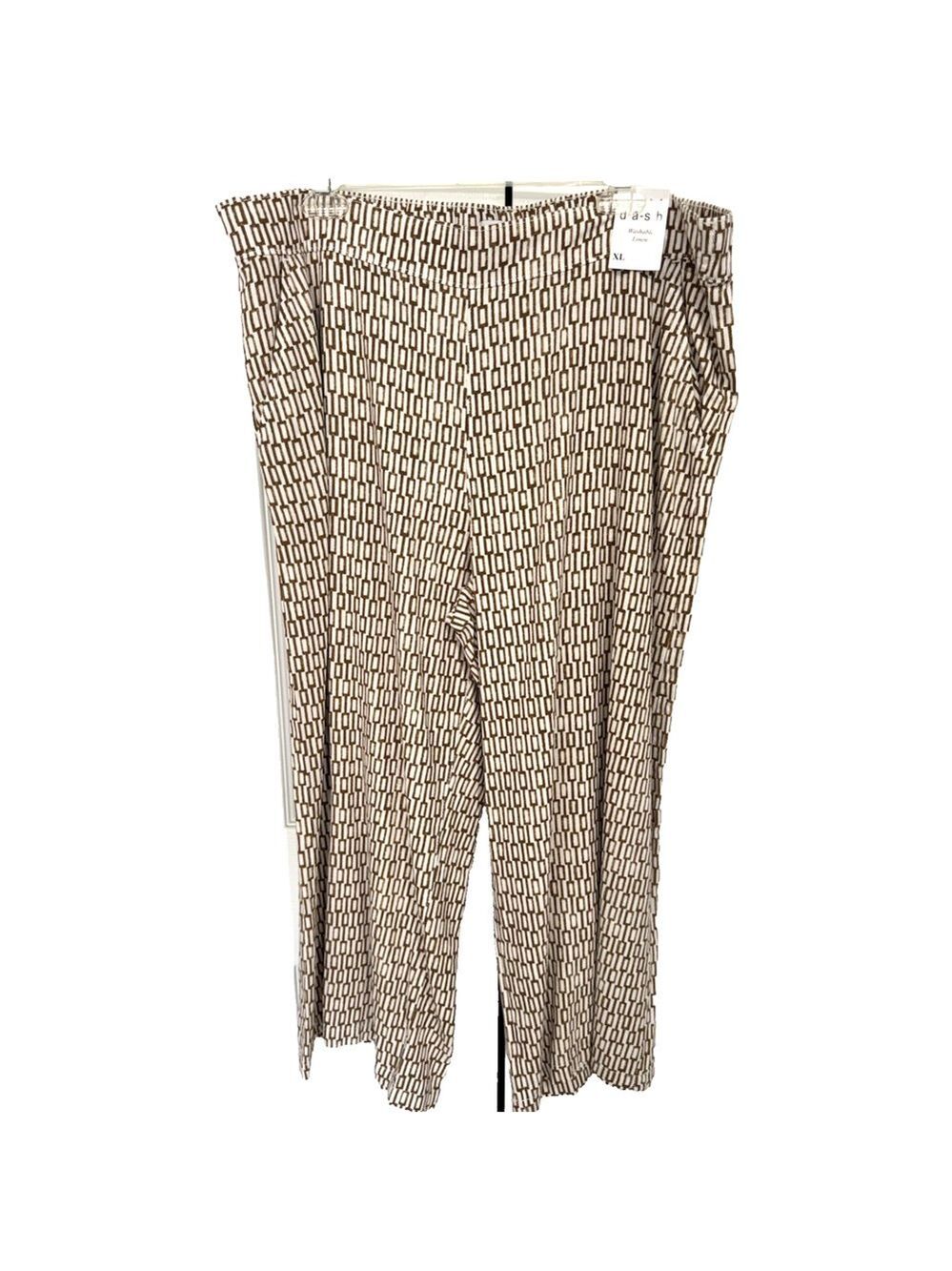 Dash Womens XL Linen Blend Pants Wide Leg Pants Casual Brown White Geometric